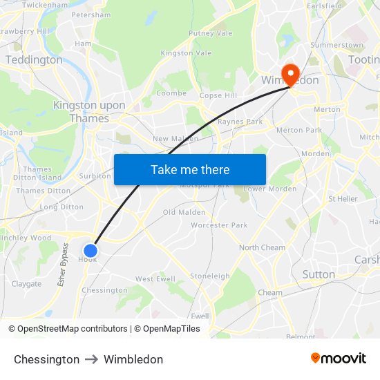 Chessington to Wimbledon map