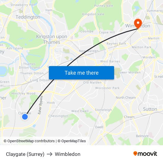 Claygate (Surrey) to Wimbledon map