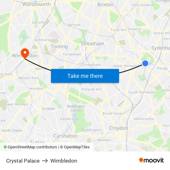 Crystal Palace to Wimbledon map