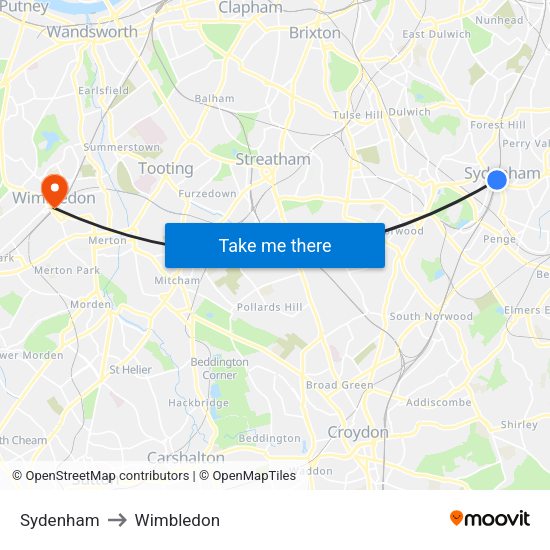 Sydenham to Wimbledon map