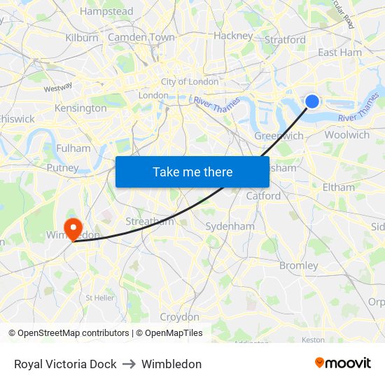 Royal Victoria Dock to Wimbledon map