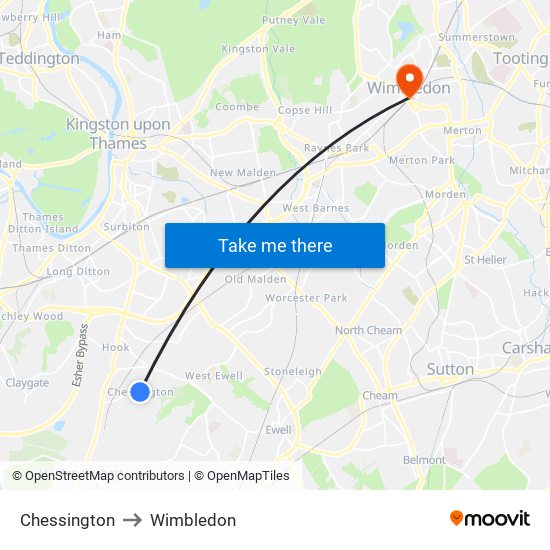 Chessington to Wimbledon map