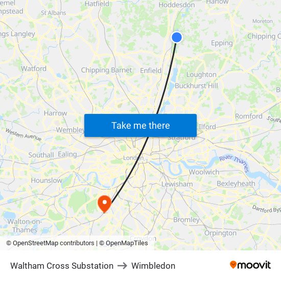 Waltham Cross Substation to Wimbledon map