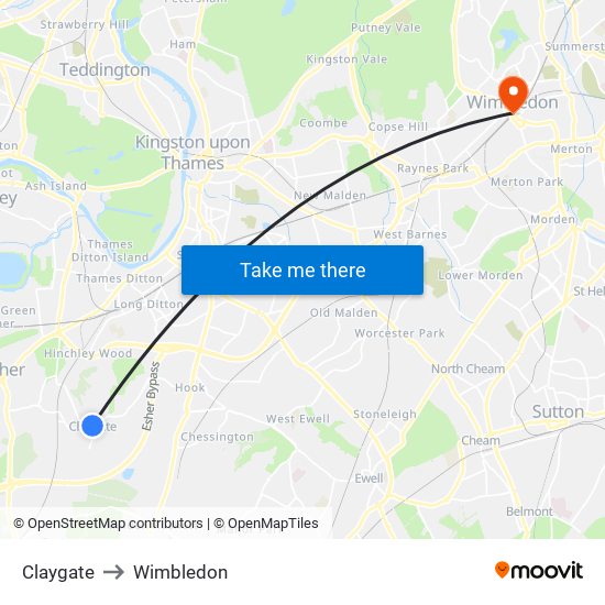 Claygate to Wimbledon map