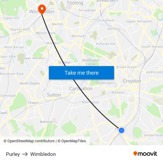 Purley to Wimbledon map