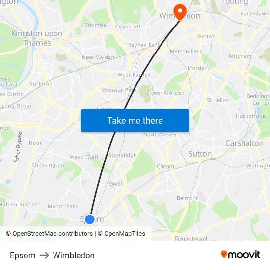 Epsom to Wimbledon map