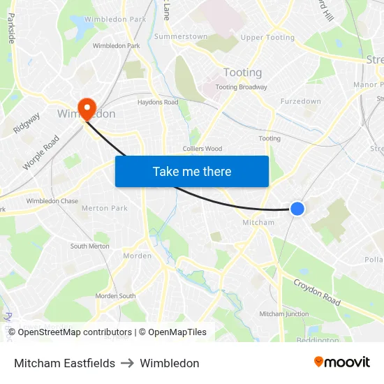 Mitcham Eastfields to Wimbledon map