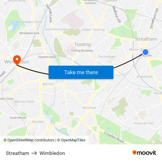 Streatham to Wimbledon map