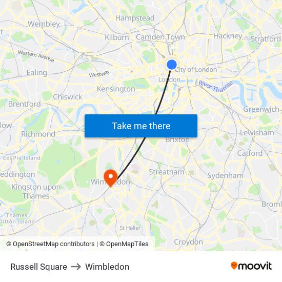 Russell Square to Wimbledon map