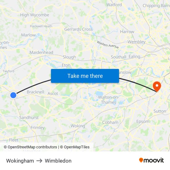 Wokingham to Wimbledon map