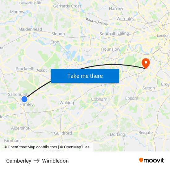 Camberley to Wimbledon map