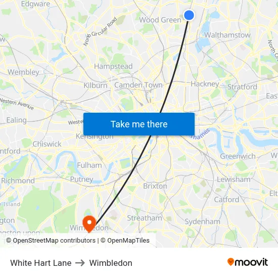 White Hart Lane to Wimbledon map