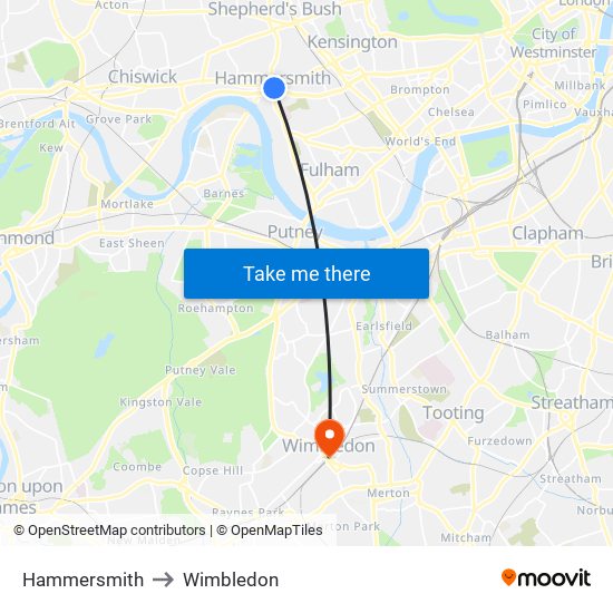 Hammersmith to Wimbledon map
