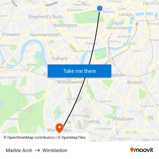 Marble Arch to Wimbledon map