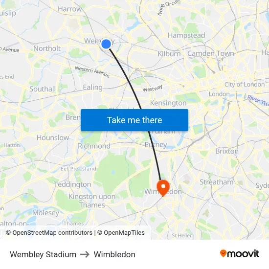 Wembley Stadium to Wimbledon map