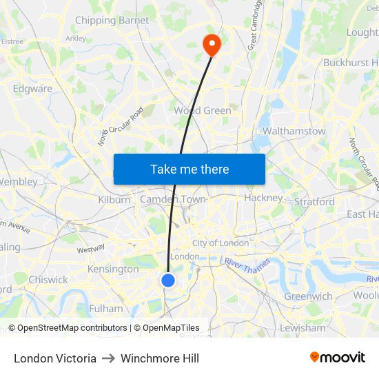 London Victoria to Winchmore Hill map