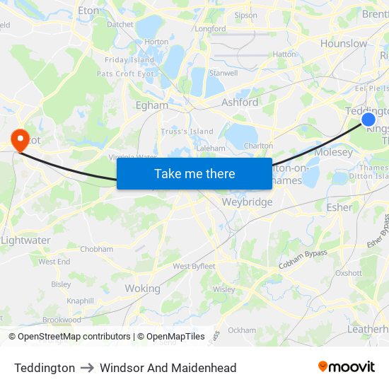 Teddington to Windsor And Maidenhead map