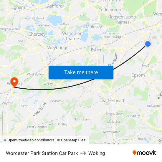 Worcester Park Station Car Park to Woking map