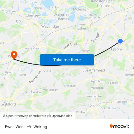 Ewell West to Woking map