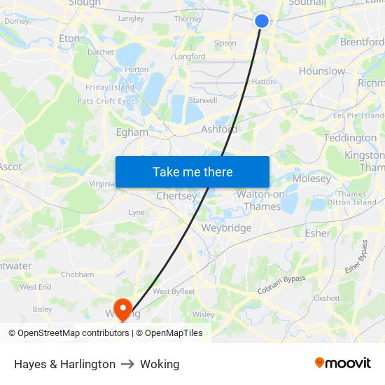 Hayes & Harlington to Woking map