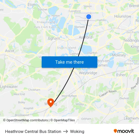 Heathrow Central Bus Station to Woking map