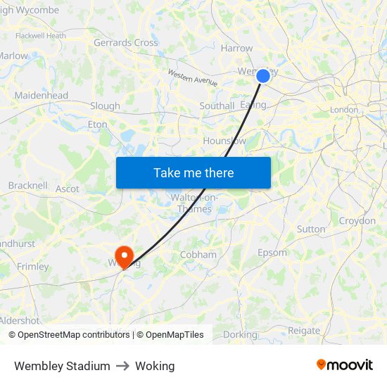 Wembley Stadium to Woking map