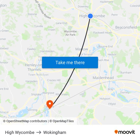 High Wycombe to Wokingham map