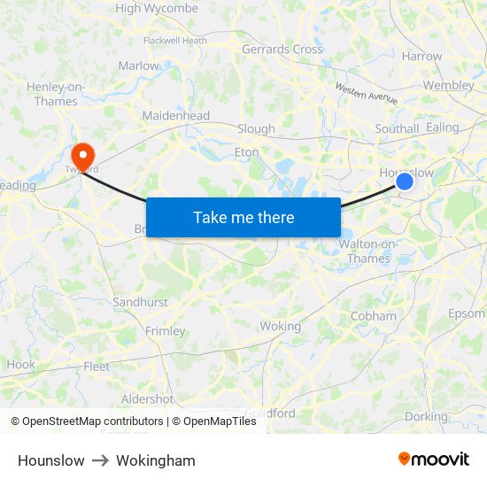 Hounslow to Wokingham map