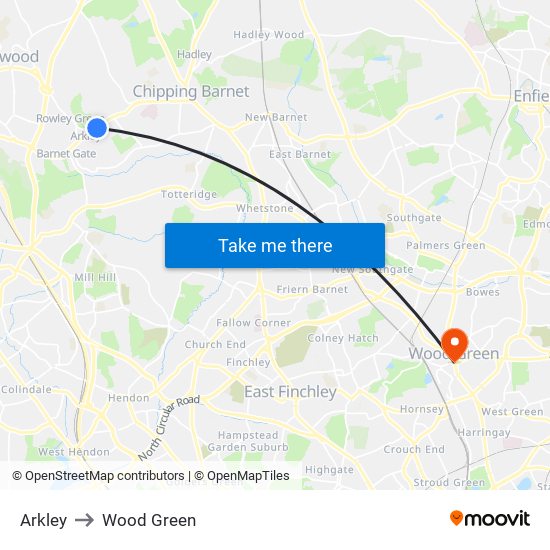 Arkley to Wood Green map