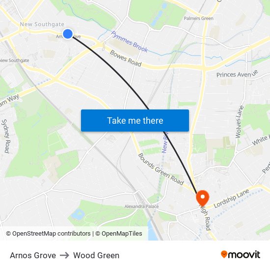 Arnos Grove to Wood Green map