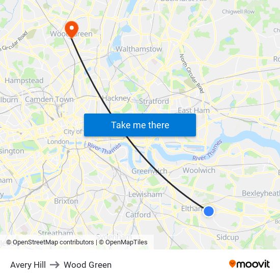 Avery Hill to Wood Green map