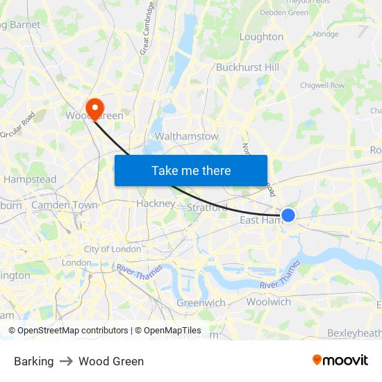 Barking to Wood Green map