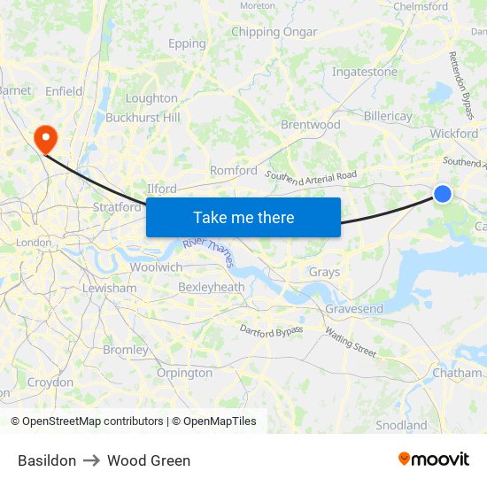 Basildon to Wood Green map