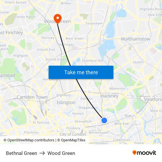 Bethnal Green to Wood Green map