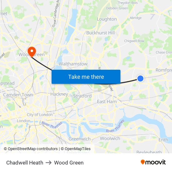 Chadwell Heath to Wood Green map