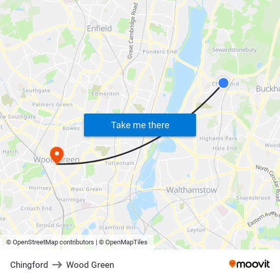 Chingford to Wood Green map