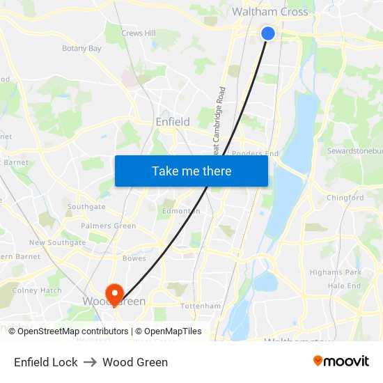 Enfield Lock to Wood Green map