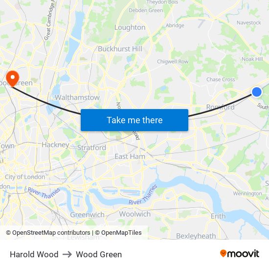 Harold Wood to Wood Green map