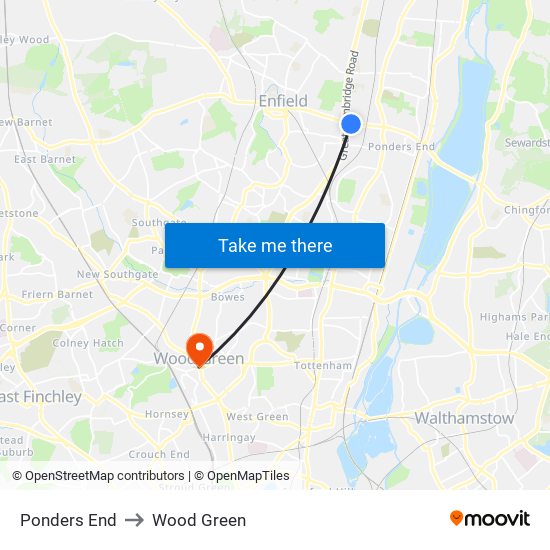 Ponders End to Wood Green map