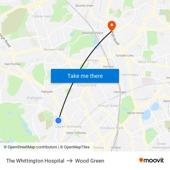 The Whittington Hospital to Wood Green map