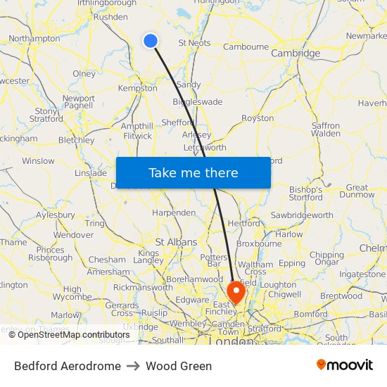Bedford Aerodrome to Wood Green map