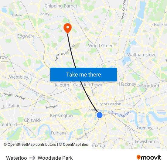 Waterloo to Woodside Park map