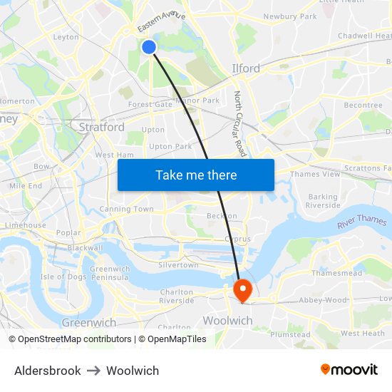 Aldersbrook to Woolwich map