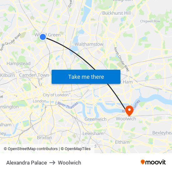 Alexandra Palace to Woolwich map