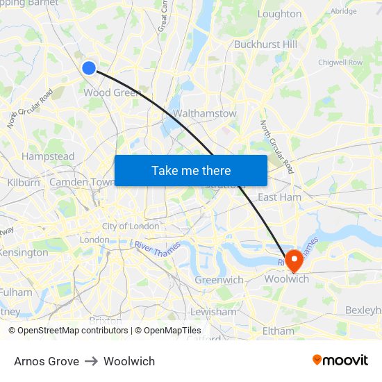 Arnos Grove to Woolwich map