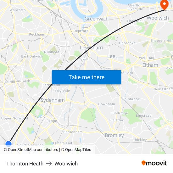 Thornton Heath to Woolwich map