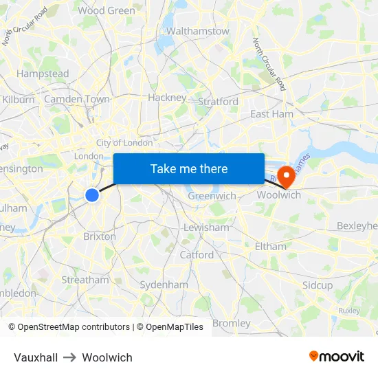Vauxhall to Woolwich map