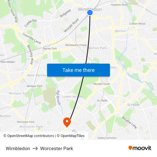 Wimbledon to Worcester Park map