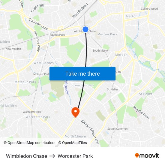 Wimbledon Chase to Worcester Park map