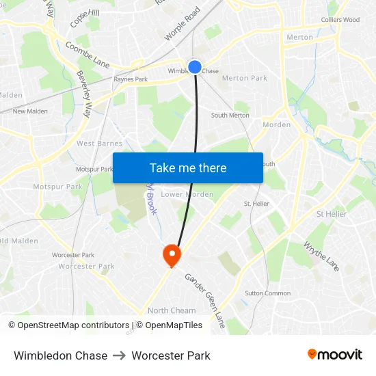 Wimbledon Chase to Worcester Park map
